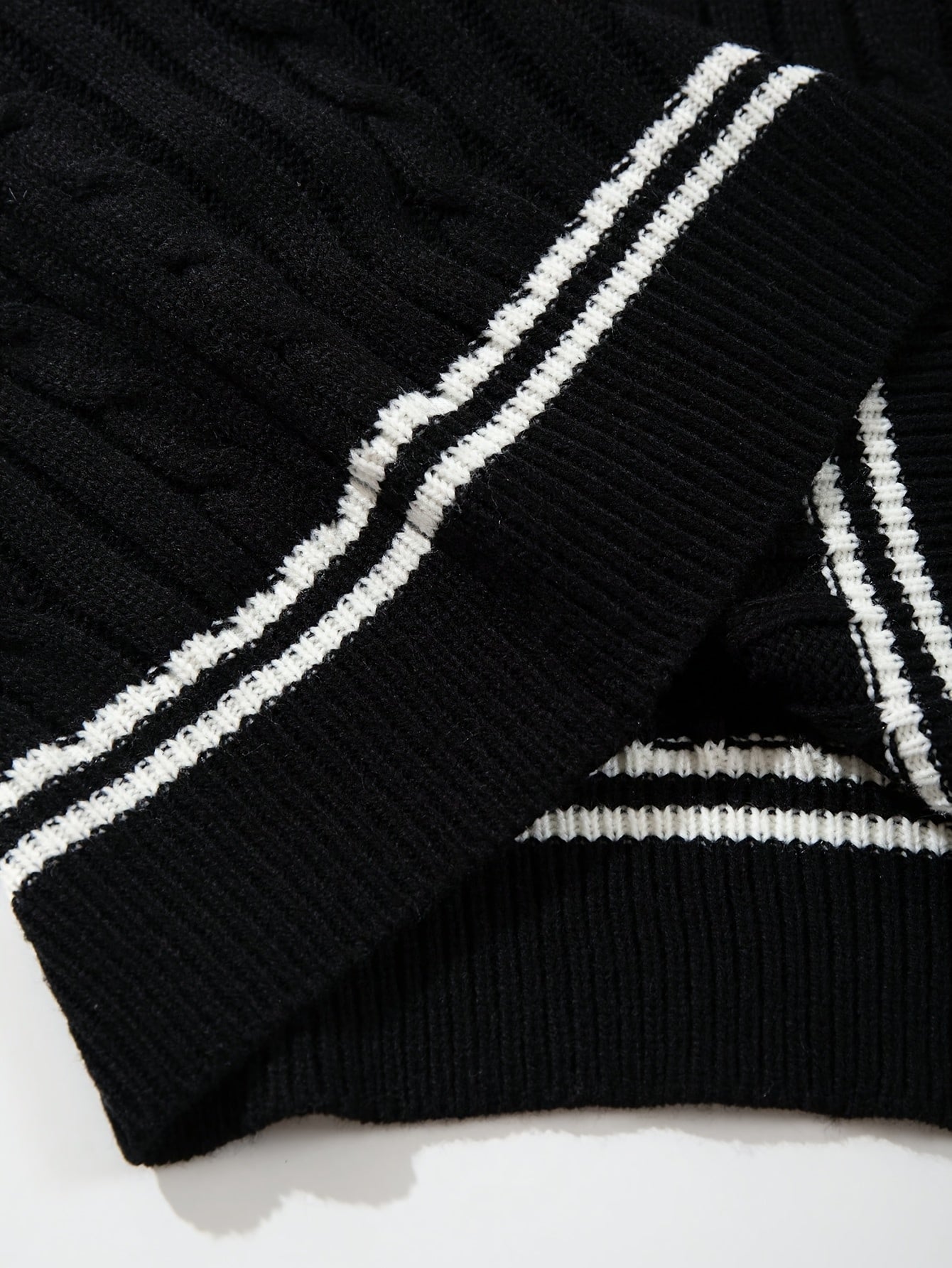 Black V-Neck Cricket Stripe Cable Knit Sweater