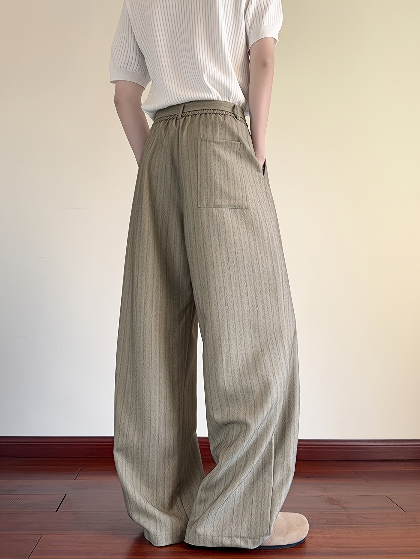 Khaki Stripe High-Waist Wide-Leg Trousers