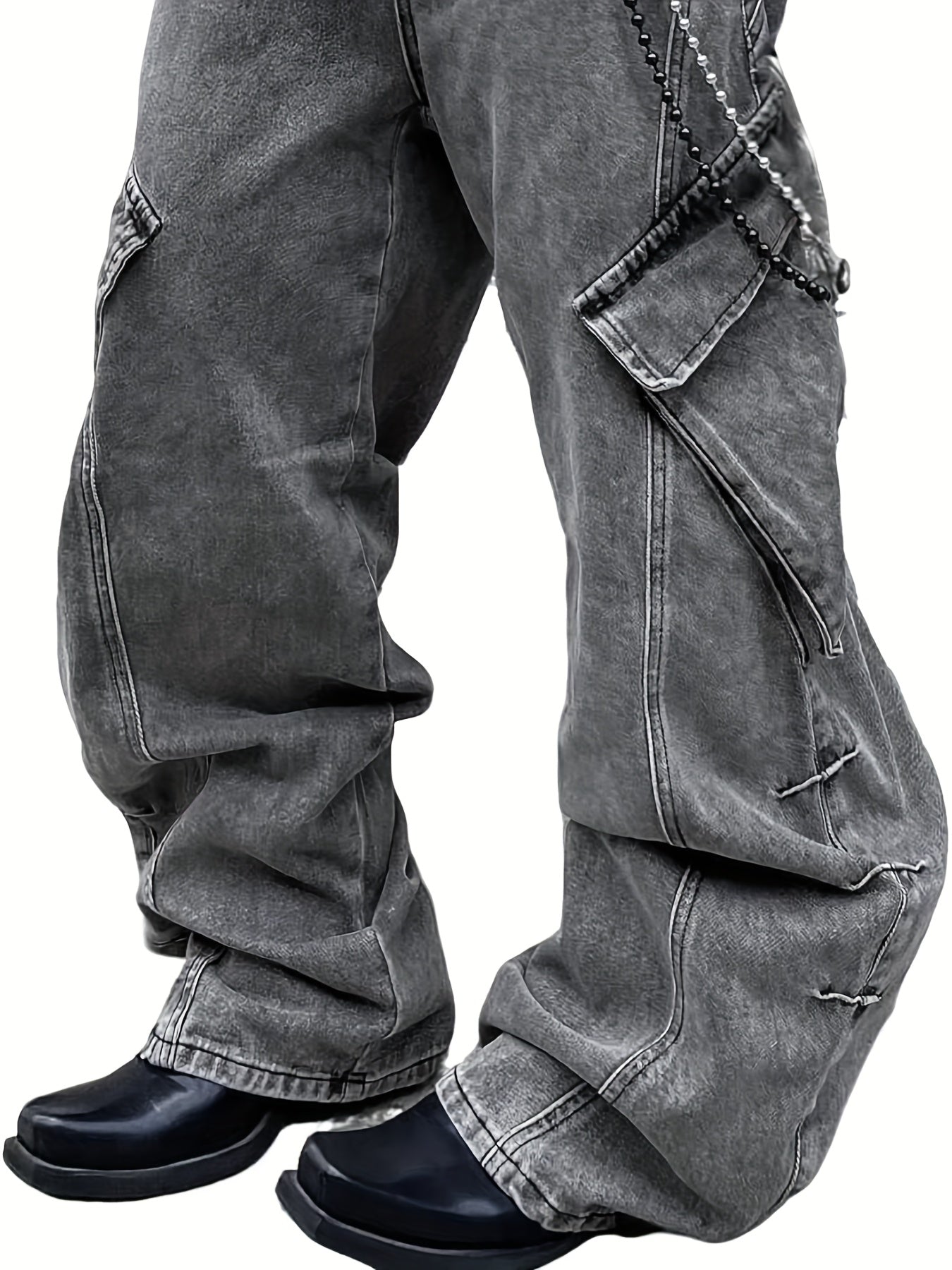 Vintage Washed Dark Grey Oversized Cargo Denim Jeans