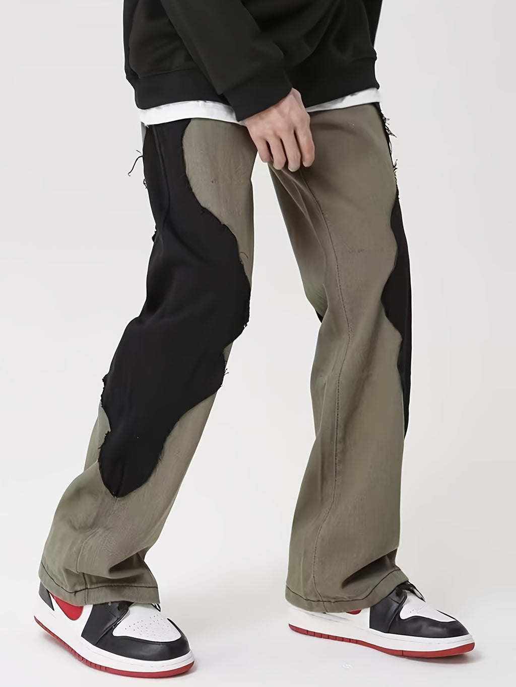 Olive Green & Black Asymmetric Patchwork Straight-Leg Pants