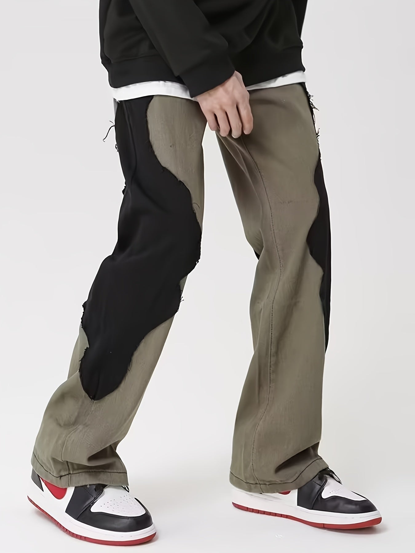 Olive Green & Black Asymmetric Patchwork Straight-Leg Pants