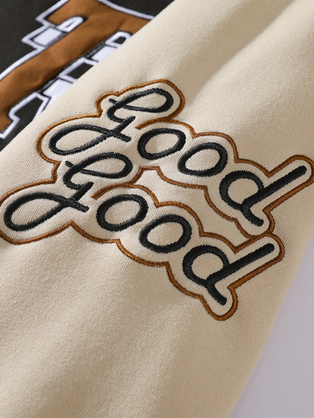 Black & Khaki Hooded Varsity Baseball Jacket with Embroidery