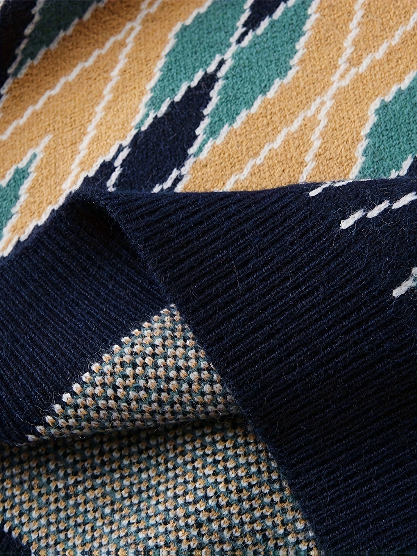 Retro Argyle Knit Crewneck Sweater (Navy & Earth Tone)