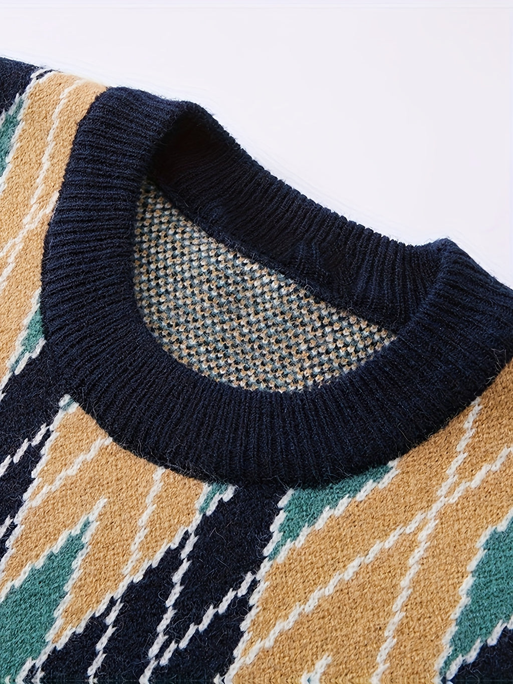 Retro Argyle Knit Crewneck Sweater (Navy & Earth Tone)