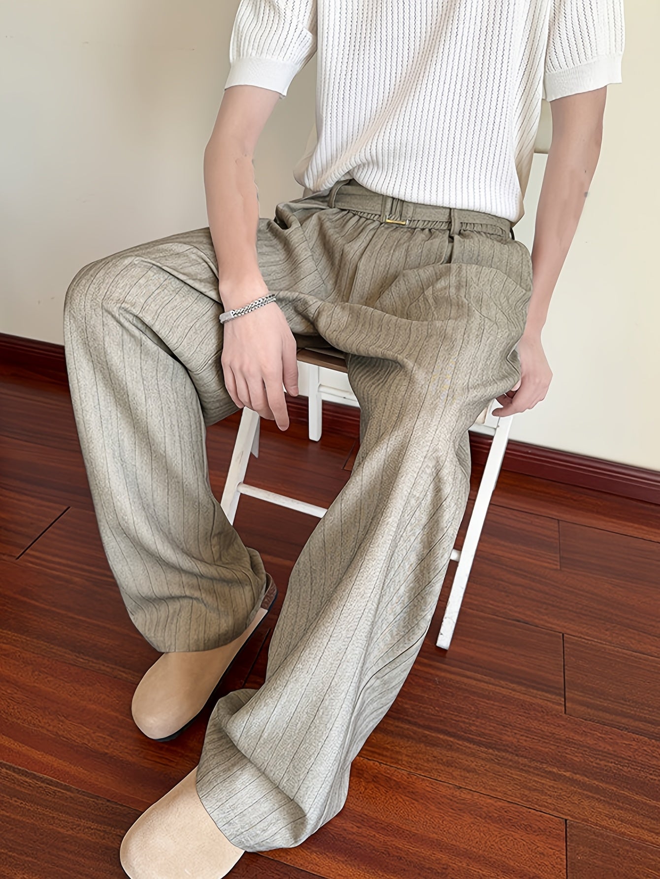 Khaki Stripe High-Waist Wide-Leg Trousers