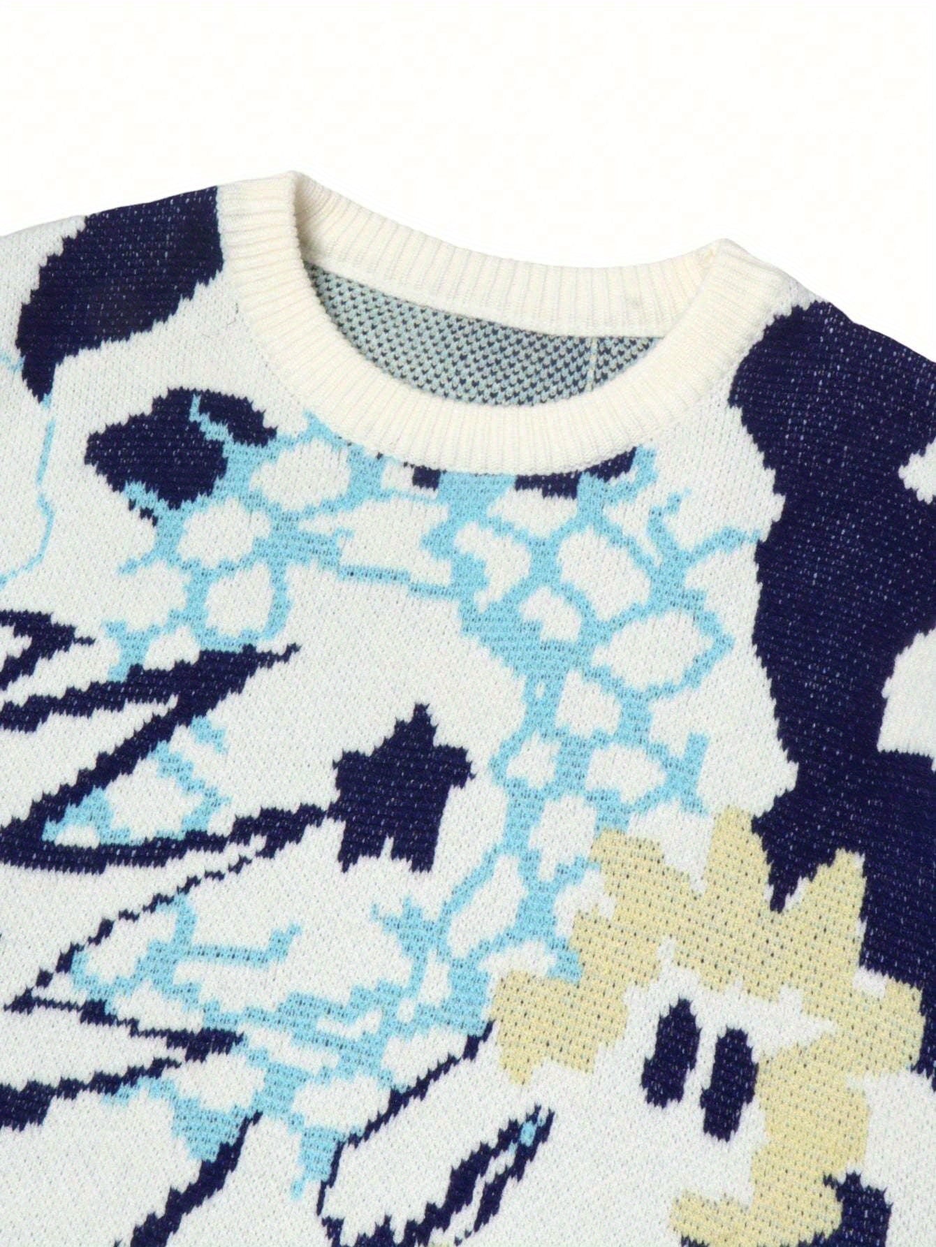 Abstract Watercolor Jacquard Oversized Crewneck Sweater