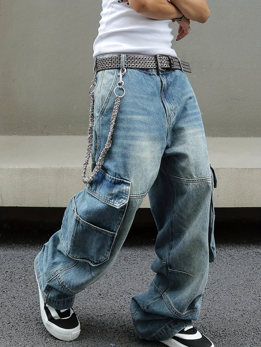 Distressed Light Blue Oversized Cargo Denim Jeans