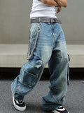 Distressed Light Blue Oversized Cargo Denim Jeans
