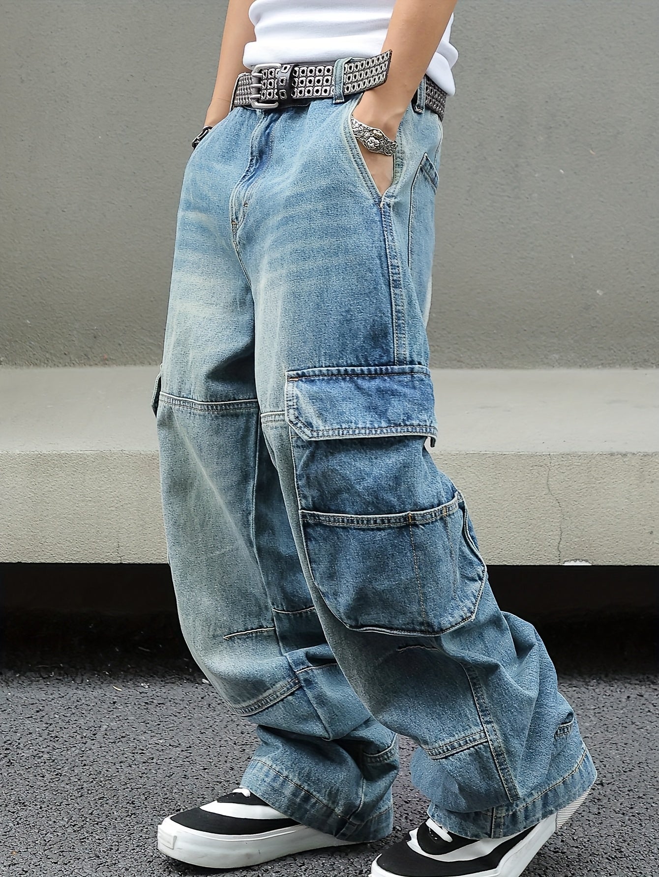 Distressed Light Blue Oversized Cargo Denim Jeans