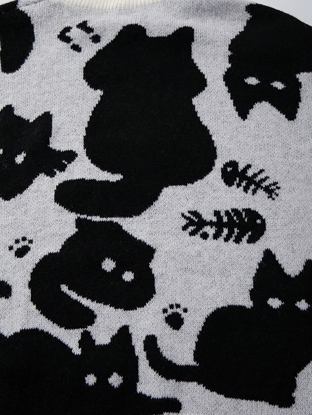 Black & White Cute Cat Print Oversized Crewneck Knit Sweater