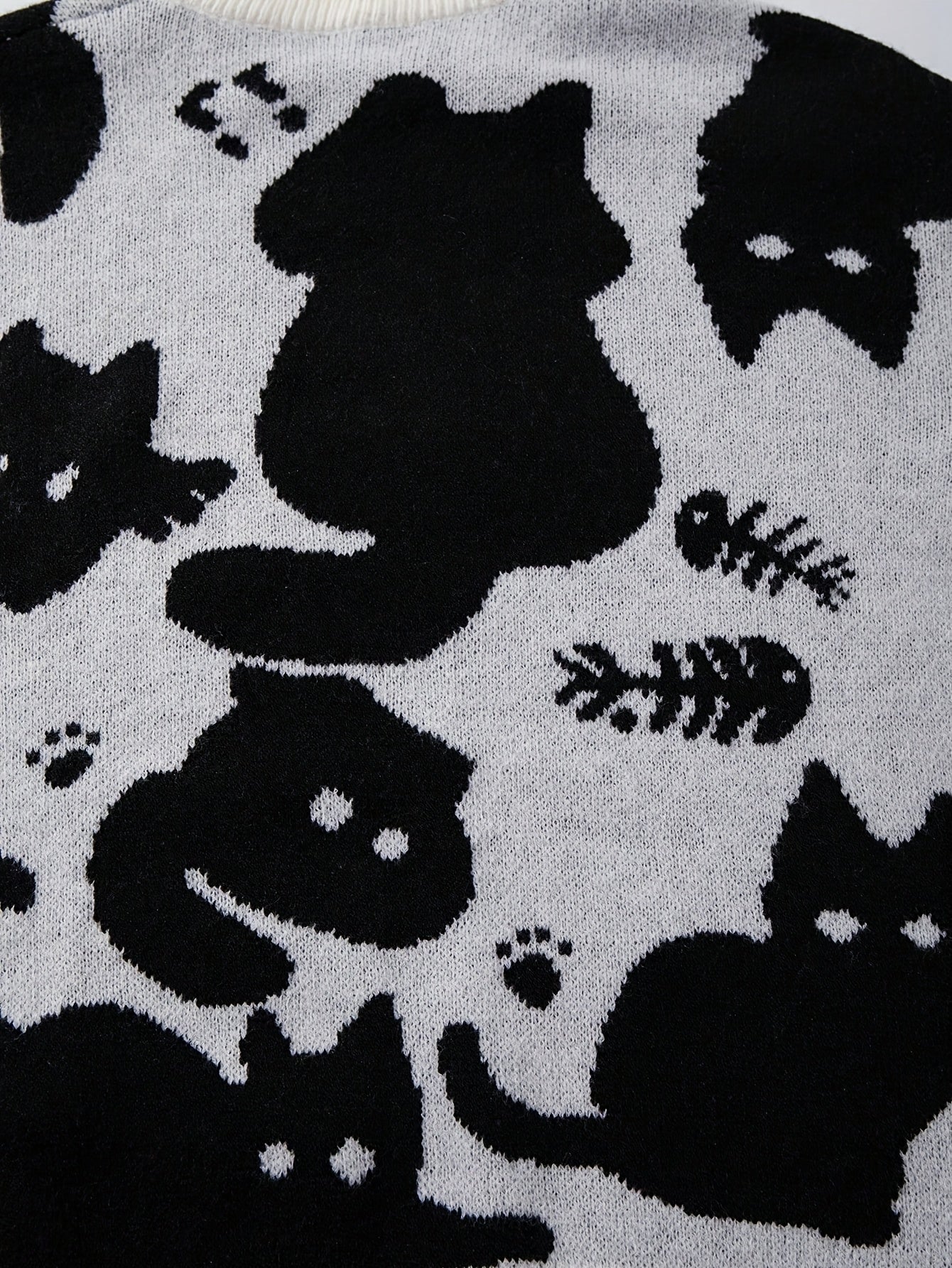 Black & White Cute Cat Print Oversized Crewneck Knit Sweater
