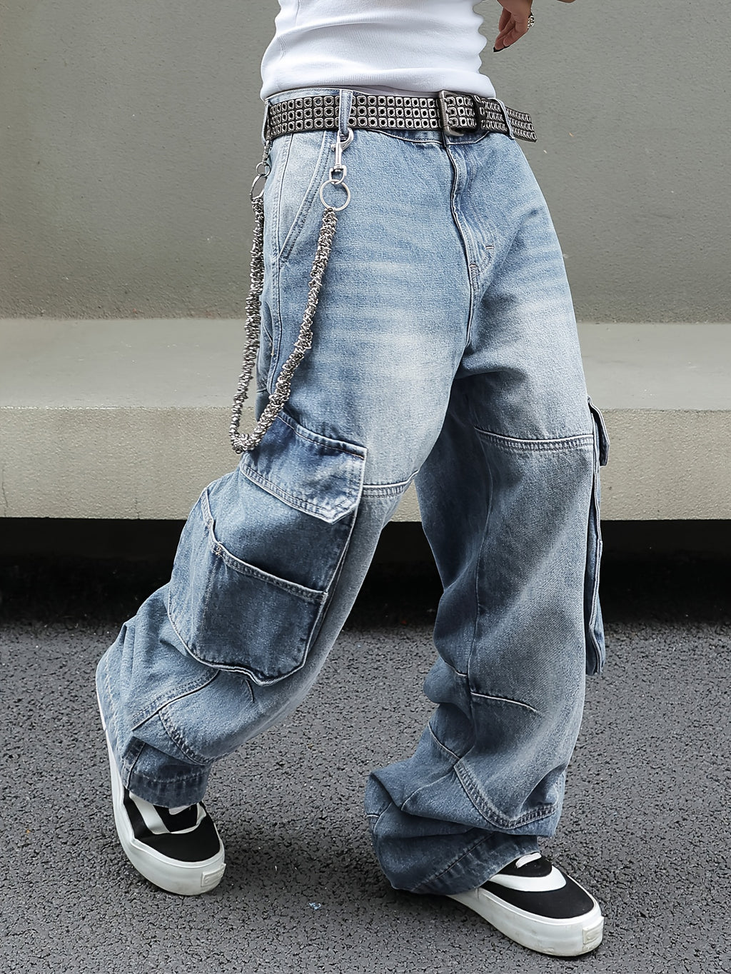 Distressed Light Blue Oversized Cargo Denim Jeans